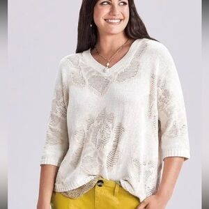 Cabi Lotus Pullover Spring Oversized Knit Boho Top size S in Ivory/Beige